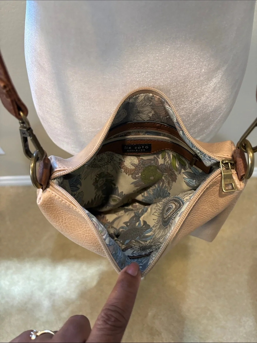 Neutral Beige Pebbled Faux Leather Crossbody with Brown Strap
